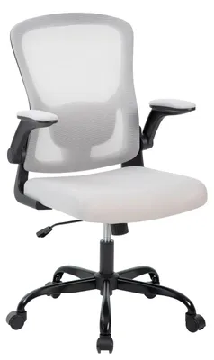 Zdjęcie produktu dla Ergonomiczne krzesło biurowe - krzesło biurowe - regulacja wysokości - regulowane podparcie lędźwiowe - składane podłokietniki - wysokie oparcie - materiał siatkowy - jasnoszary