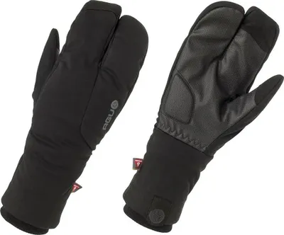 A pair of black split-finger gloves shown from the front and back.