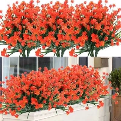 Produktbild von 8 Bundles Künstliche Kunstblumensträucher im Freien UV-beständige Pflanzen, Kunstplastikgrün für hängende Pflanzen im Innenbereich Gartenveranda Fensterbox Home Hochzeit Bauernhaus Nachbildung (Orange Rot)