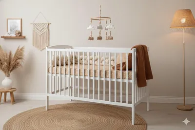 Produktbild von 2in1 Babybett und Kinderbett 120x60cm, Weiss, mit 3-Fach Höhenverstellbarer und 3 Schlupfsprossen, mit Matratze, Umbaubar zum Juniorbett, aus Kiefernholz