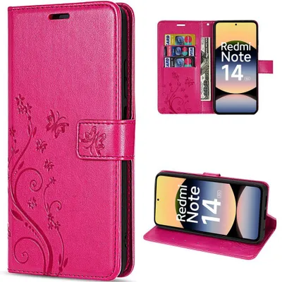 Image de Coque pour Xiaomi Redmi Note 14 5G, Protection Antichoc Synthécuir Motif Floral Papillon - Fuchsia