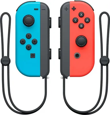 A pair of Nintendo Switch Joy-Con controllers, one blue and one red, are shown against a white background.