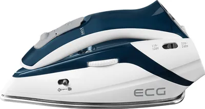 A close-up product shot of a blue and white travel iron against a white background.