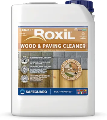 Produktbild von Roxil Holz- und Steinreiniger 5L - Erleichtert Reinigung von Holz- und Stein im Garten, wie Stühle, Tische, Terrassenplatten, Carports, Gartenhäuser
