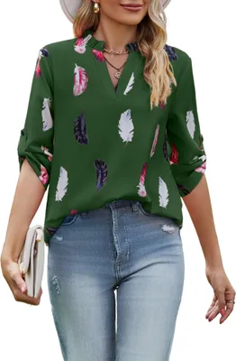 Image de ASKSA Chemisier Femme Col V Mousseline Imprimé Hauts Elégants Tunique Causale Libre, Vert Foncé, L