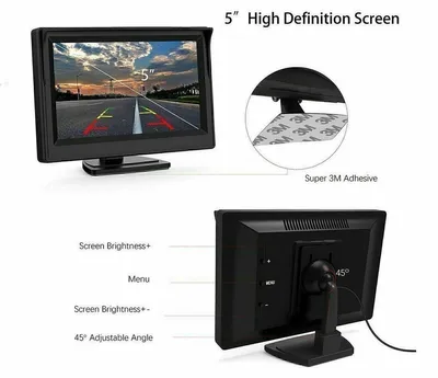 Produktbild von Rückfahrmonitor 5 Zoll LCD TFT HD Bildschirm mit Distanzlinien für Auto PKW LKW Rückfahrkamera Einparkhilfe 800 x 480 Pixel 2 Video Eingänge Schwarz
