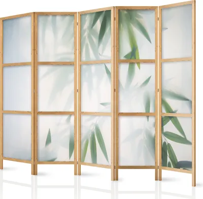 Produktbild von Paravent XXL Bamboo Blätter 225x171 cm - 5-teilig - einseitig - eleganter Sichtschutz - Raumteiler - Trennwand - Raumtrenner - Holz - Design Motiv - Deko - Japan b-B-0591-z-c