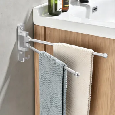 Produktbild von 180° schwenkbarer Handtuchhalter mit Doppelstange & Haken, Aluminium, Klebe- oder Schraubmontage, ohne Bohren, für Badezimmer Küche, silber