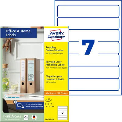 Produktbild von Avery Zweckform LR4760-10, Recycling Ordner-Etiketten, Home Office, Kleinpackung, A4, 38 x 192 mm, 70 Etiketten / 10 Bögen, naturweiß