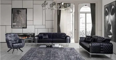 Produktbild von Schwarze Wohnzimmer Sofagarnitur 2x Dreisitzer Designer Polster Sessel