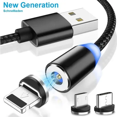A close-up marketing image of a magnetic charging cable with interchangeable USB-C, Lightning, and Micro USB connectors.