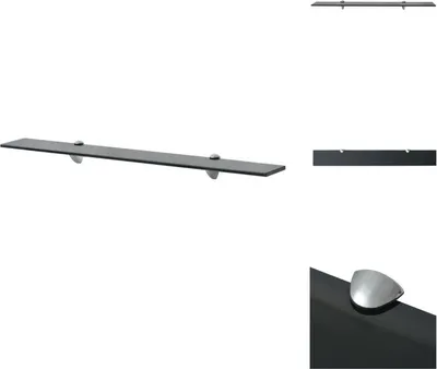 A long, thin, black shelf with two silver brackets is shown against a white background. There are also close-up views of the shelf and its brackets.