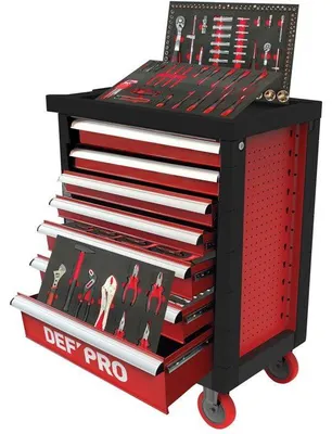 Image de Servante d'atelier 7 tiroirs, 283 outils, Charge 300 kg, Defpro Noir/rouge, Roues freinées