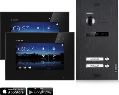Produktbild von Video Türsprechanlage mit Smartphone App für 2 Familienhaus, Schwarz, 2x Monitore, Balter EVO WLAN Schwarz