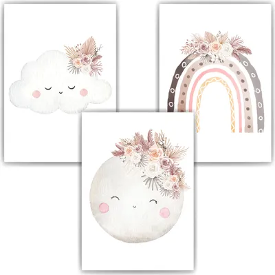 Produktbild von Mond Regenbogen Wolke Boho Bilder 3er Set DIN A4 Kinderzimmer Wandbilder Babyzimmer Poster Dekoration
