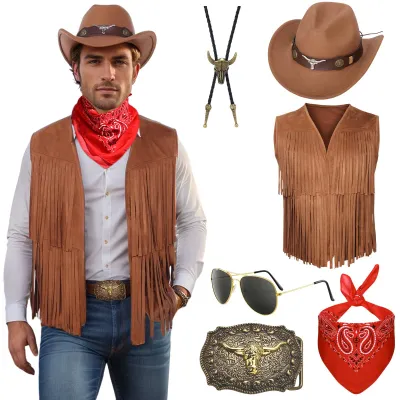Immagine prodotto di Costume da cowboy, taglie A e M, completo di sciarpa e cappello da cowboy, ideale per il Carnevale