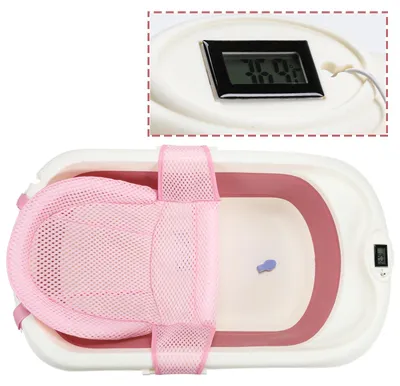 Productafbeelding van Eikuavons opvouwbare babybadkuip, 83 x 46 cm, met temperatuurindicator, lignet en shampoo-beker, geschikt voor baby's van 0-12 maanden, roze