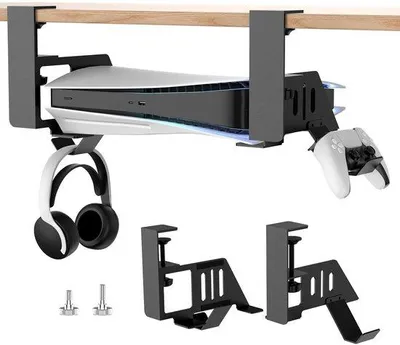 Immagine prodotto di Supporto orizzontale regolabile Unyqoos® per PlayStation 5 (versione con lettore e versione digitale), con supporti rimovibili per controller e cuffie, montaggio senza attrezzi, capacità fino a 20 kg