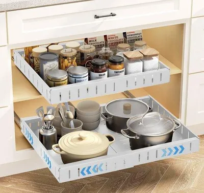 Zdjęcie produktu dla Szuflada teleskopowa do kuchni – organizer na przyprawy, przybory kuchenne i woreczki do przechowywania – metalowa szuflada wysuwana