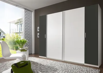 Produktbild von Dreh-/Schwebetürenschrank "Lotto" in WEISS + GRAPHIT mit 4 Türen und 10 Einlegeböden. Abmessungen (BxH) 316x210 cm