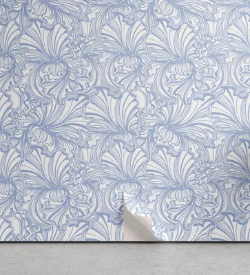 Image de ABAKUHAUS Papier peint Art nouveau amovible et adhésif pour la maison, fleur d'iris vintage, accent autocollant pour le salon ou la cuisine, 33 cm x 90 cm, bleu ciel et blanc