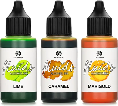 Obrázek produktu pro 3x 30ml sada lihových inkoustů Octopus Fluids LIME, CARAMEL, MARIGOLD Lihový inkoust pro fluid art a pryskyřici