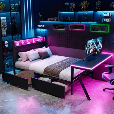 Productafbeelding van Gamingbed met platform, 140x200 cm, metaal, LED-hoofdeinde, LED-bureau, 2 lades (zwart)