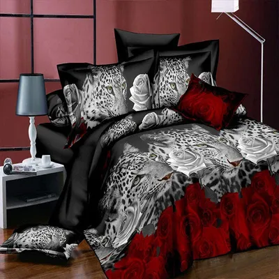 Produktbild von Bettwäsche-Set 3D Leopard Weiß und Rot Rose Floral Prints 4Piece Bettbezug Größe Tröster Set für Doppelbett 200cmx230cm