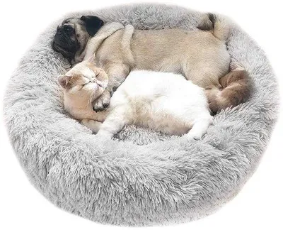 Produktbild von Hundebett, Katzenbett, rund, für Katzen, Hunde, Plüsch, Haustierkissen, weich, Donut Körbe für Katzen, kleine mittelgroße Hunde (70 cm, hellgrau)