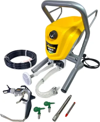 A collection of painting equipment, including a spray gun, hose, and paint sprayer unit, arranged on a white background.