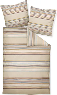 A set of bedding including a duvet cover and two pillowcases, laid out flat on a white background. The bedding features a striped pattern in various earthy tones.