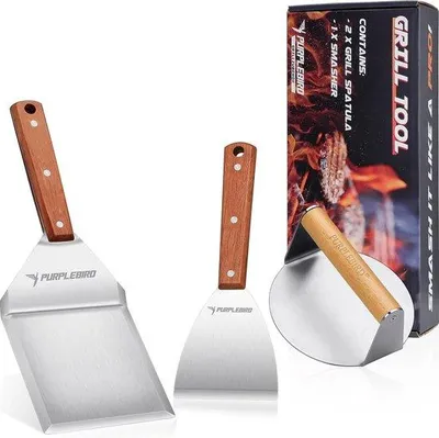 Image de Set d'accessoires de barbecue en acier inoxydable, 3 pièces, avec presse à hamburgers et spatule