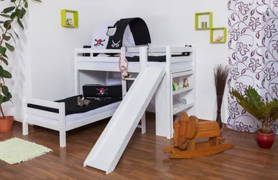 Produktbild von Etagenbett / Spielbett Moritz L Buche Vollholz massiv weiß lackiert  mit Regal und Rutsche, inkl. Rollrost - 90 x 200 cm, teilbar