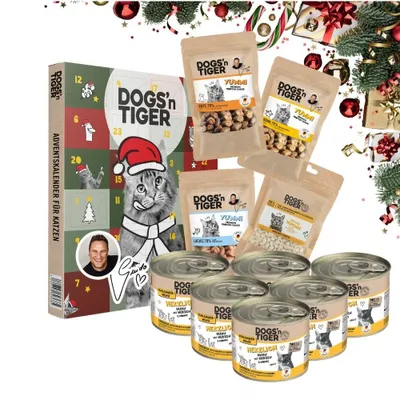 Produktbild von Dogs’n Tiger Guido Maria Kretschmer Adventskalender Katzen Box | Schlemmermenü | Huhn & Rind | Premium Fleischmahlzeiten & Snacks | Adventskalender