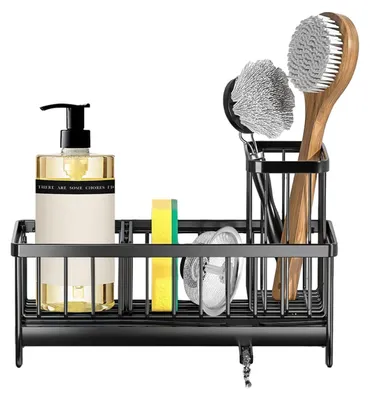 Image de Étagère pour évier – Étagère pour évier avec porte-brosse amovible et bac d'égouttage pour la cuisine et la salle de bains