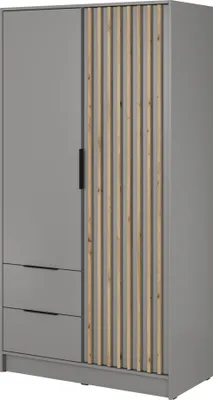 A gray wardrobe with wooden slats on one door and three drawers at the bottom.