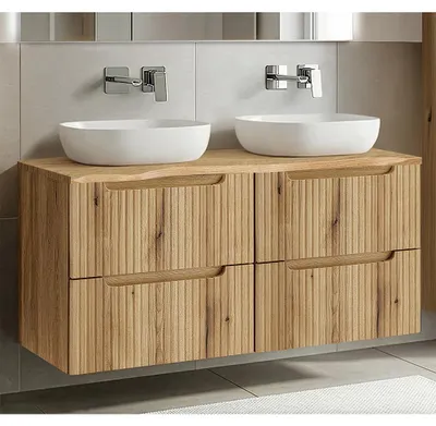 Produktbild von Badezimmer Doppelwaschtisch mit 120 cm Breite in Eiche mit gerillter Front & Baumkantenoptik, 4 Schubladen & 2 Aufsatzbecken - NEWPORT-56-EVOKE