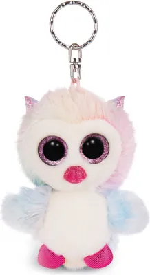 A plush owl keychain with large glittery eyes and a rainbow-colored body.