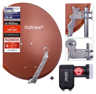 A collage of images showing a satellite dish, its mounting hardware, and an LNB.