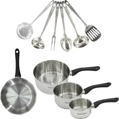 Obrázek produktu pro Sada 1 pánev 20 cm, 3 nerezové hrnce a 6 nerezových kuchyňských nástrojů Fackelmann Geneva