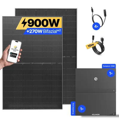 Produktbild von 900W Balkonkraftwerk mit Speicher + Erweiterung Solakon ONE (4,22 kWh) Solaranlage Steckerfertig WIFI Komplettset Photovoltaik Anlage, Kabellänge: 10m