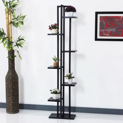 Produktbild von Blumenständer Somero 7 Ebenen Blumenregal 150 x 34 x 21 cm Pflanzenständer Indoor Pflanzenregal Wohnzimmer Schwarz