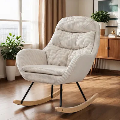 Produktbild von okwish Schaukelstuhl Relaxsessel mit Bodenschutzleiste & hoher Rückenlehne,Polsterstuhl Sessel mit Stabiler Metallrahmen,Federkernpolsterung, Cord-stoff,Beige