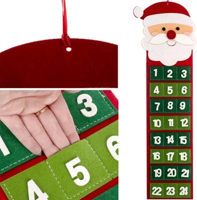 A collage showing a close-up of a red hanging loop, a hand reaching into a pocket of a felt advent calendar, and a vertical advent calendar with numbered pockets.