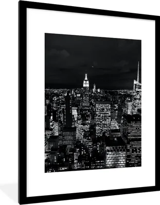 Produktbild von MuchoWow® Gerahmtes Poster Skyline - Schwarz - Weiß - New York - Amerika 60x80 cm - Poster mit Schwarzem Bilderrahmen Wandposter Rahmen Foto Bilder - Wohnzimmer - Dekorationen - Prämie