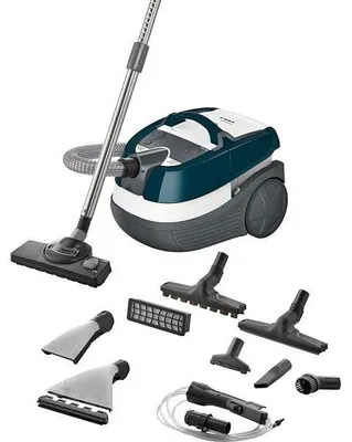 Produktbild von Waschsauger, Bosch BWD41720, 3in1 Staubsauger für Trocken- und Nassreinigung, 2,5 lt Staubbehälter, 1700 W, EPA 10 Primärfilter, 9 m Radius, Flüssigkeitsaufnahmedüsen, Parkettbürste, Wassertank: 5 l, türkis-weiß-grau