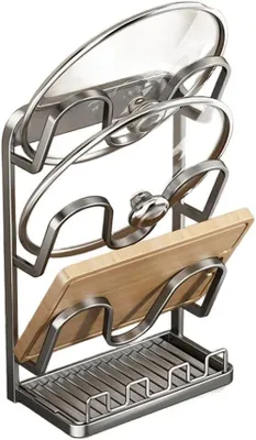 Produktbild von Topfdeckelhalter mit Löffelablage Kohlenstoffstahl - 2-in-1 Pfannen Organizer für Schrank & Arbeitsplatte - Platzsparende Küchen Aufbewahrung für Deckel und Utensilien(C)