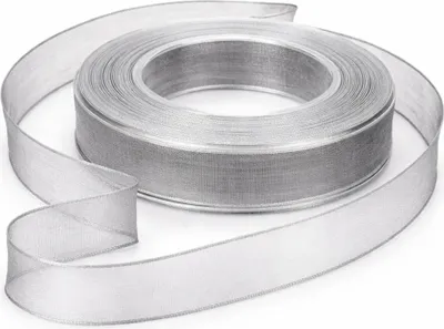 Produktbild von Chiffon Organza Dekoband mit Drahtkante 25 mm breit 20 m auf Rolle grau