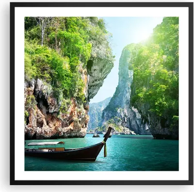 Produktbild von Gerahmtes Poster - Schwarzer Rahmen - Boot Klippen Natur Felsen - 60x60 cm - Wand Bild - Wanddeko - Wandbilder - Wandposter - Bilderrahmen - Bilder - Kunstdruck - Wandbild - P2BAC60x60-2787