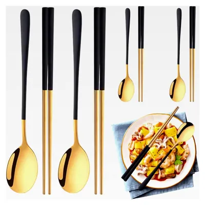 Produktbild von Wiederverwendbares koreanisches Essstäbchen- und Löffel-Set aus Edelstahl, tragbar, 4 Sets in Schwarzgold für Büroangestellte und Studenten
